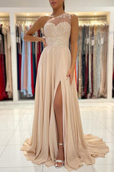 Bmbridal Champagne One Shoulder Prom Dress Split Long With Appliques